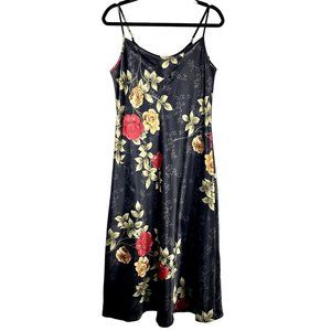 VTG Y2K Womens Maxi Slip Dress Sz L Floral Rose Cowl Neck Black Flowy Feminine